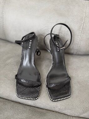 Aqua Black Embossed Ankle-Strap Heels with Rhinestone Border